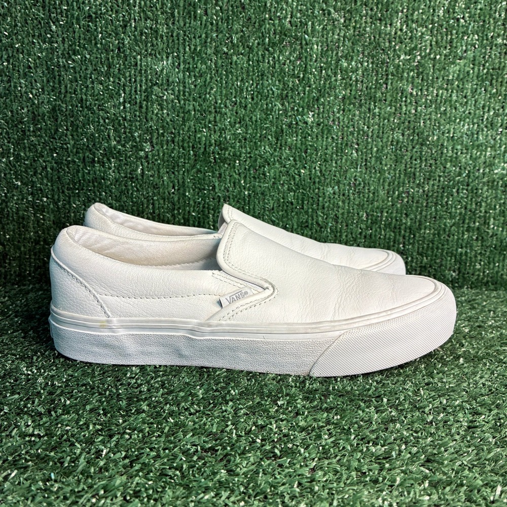 Vans Slip-On Cush Leather Eco-Friendly Minimalist Sneaker White Womens 9 Men 7.5